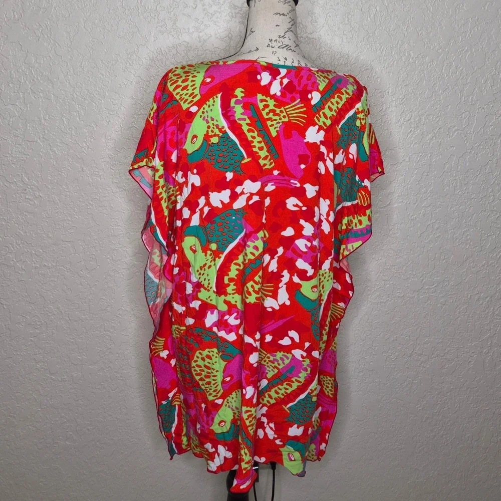 Escapada Living Red Tropical Fish Print Kaftan Swim Cover Up Tunic Large